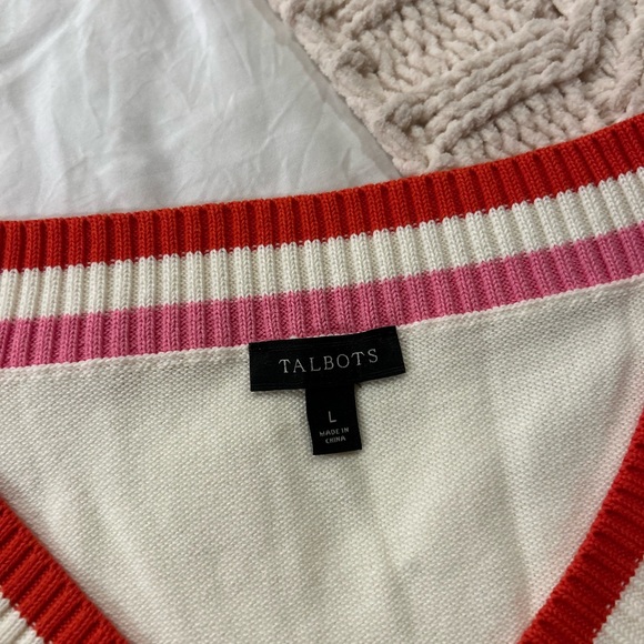Talbots Pointelle Cream V-Neck Sweater with Pink Trim - Picture 6 of 11